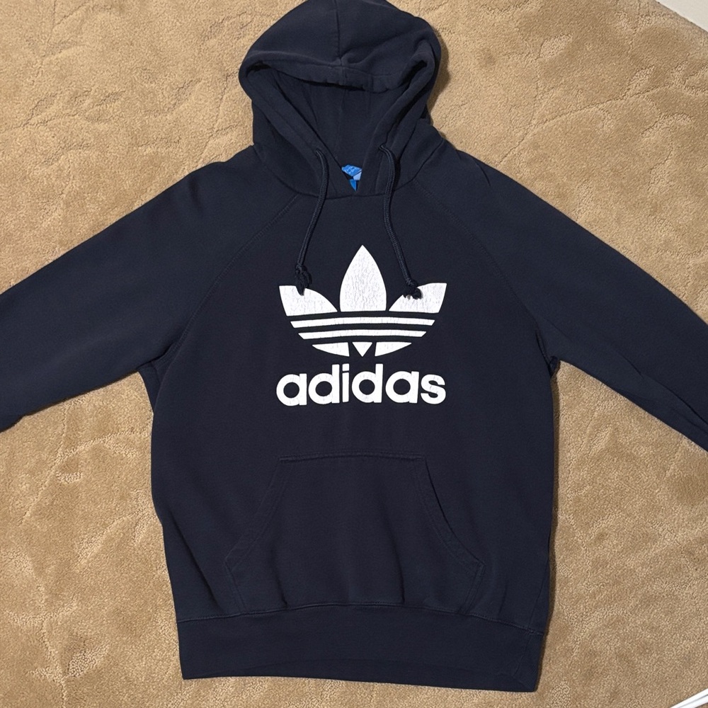 Adidas Men's Dark Blue Hoodie with White Logo
